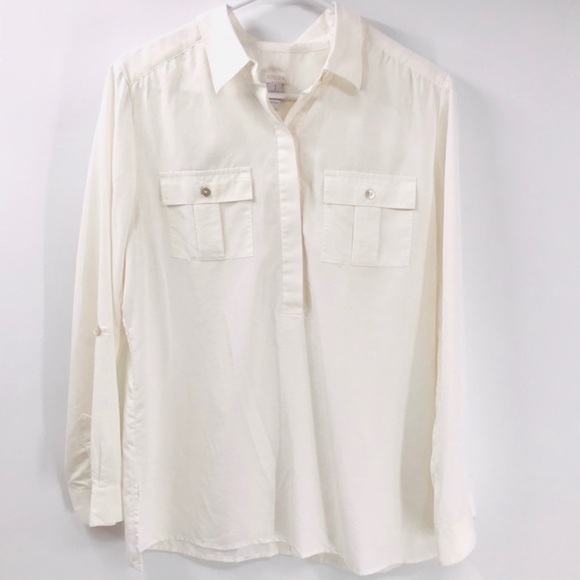 CHICO’S Half-Placket Roll-Tab Sleeve Dress Shirt Size M - Picture 4 of 5